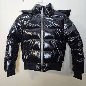 Alipicks Faux Fur Polyester Long Sleeve Hooded Puffer Jacket Full Zip Girls Blac